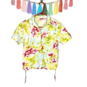 Cappagallo Tropical Hibiscus Floral Hawaiian Button Up Shirt Size Medium Petite